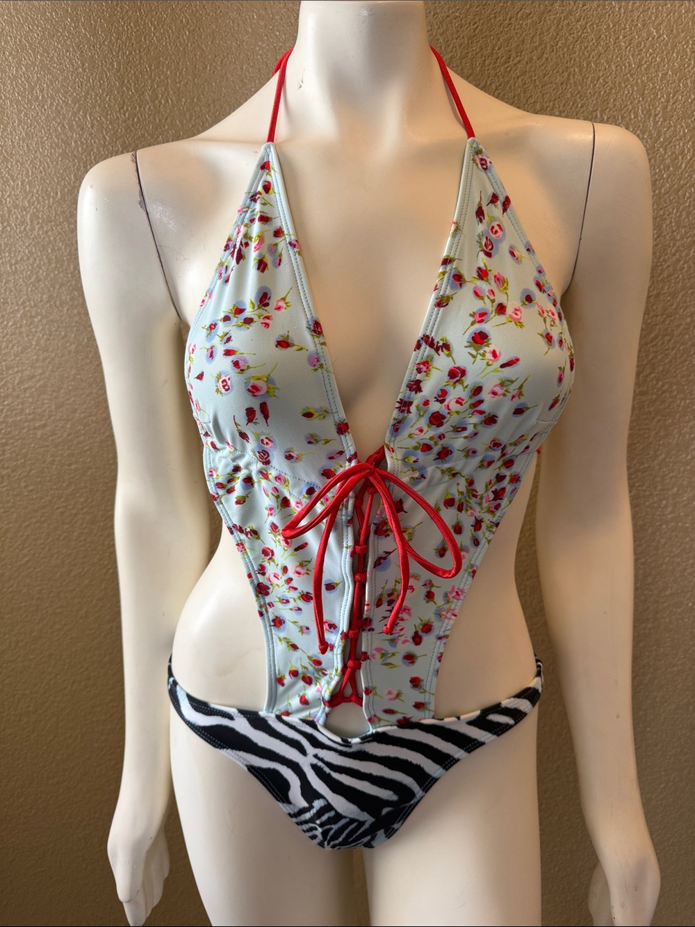 Luli Fama Floral Halter Lace-Up One-Piece Swimsuit - Red Straps